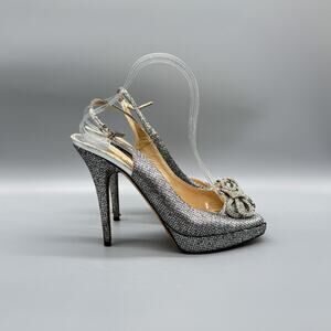 Jimmy Choo Shoes Womens 9.5 Silver Peep Toe Slingback Glitter Crystal Bow Heels